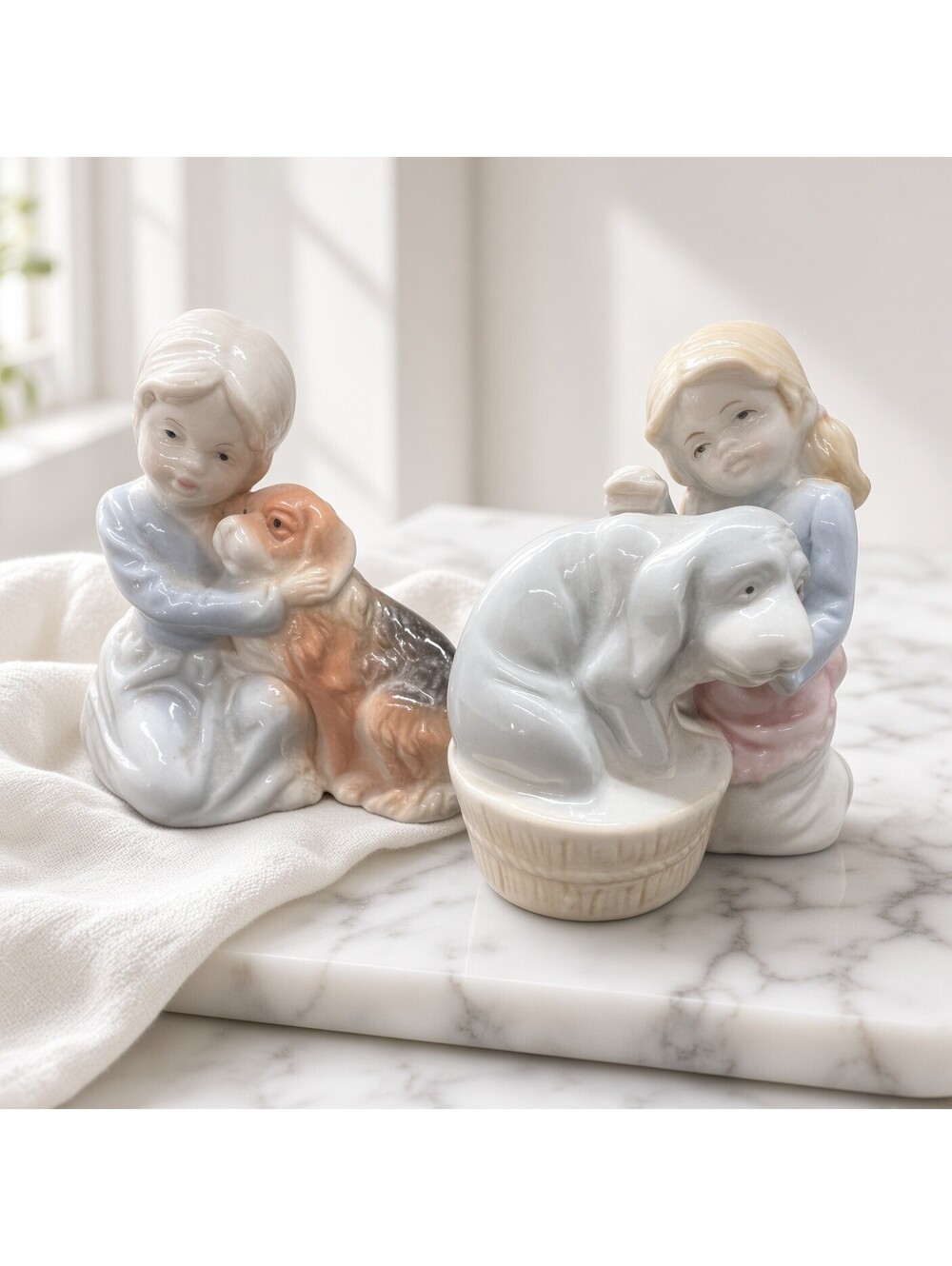 Vintage Ceramic Figurines of Children with Dogs - Set of 2